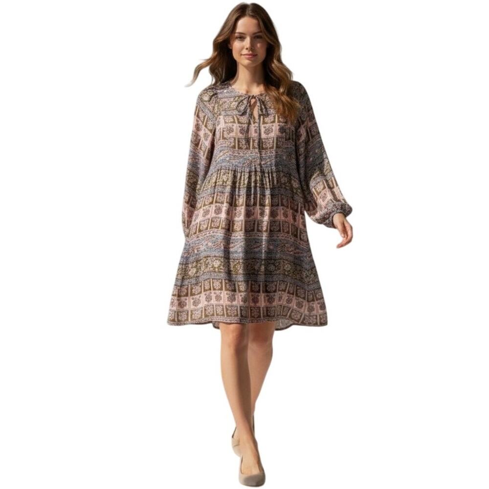 Anthropologie Sunner Shift Dress XS Brown Silk Floral Peasant Boho Cottagecore